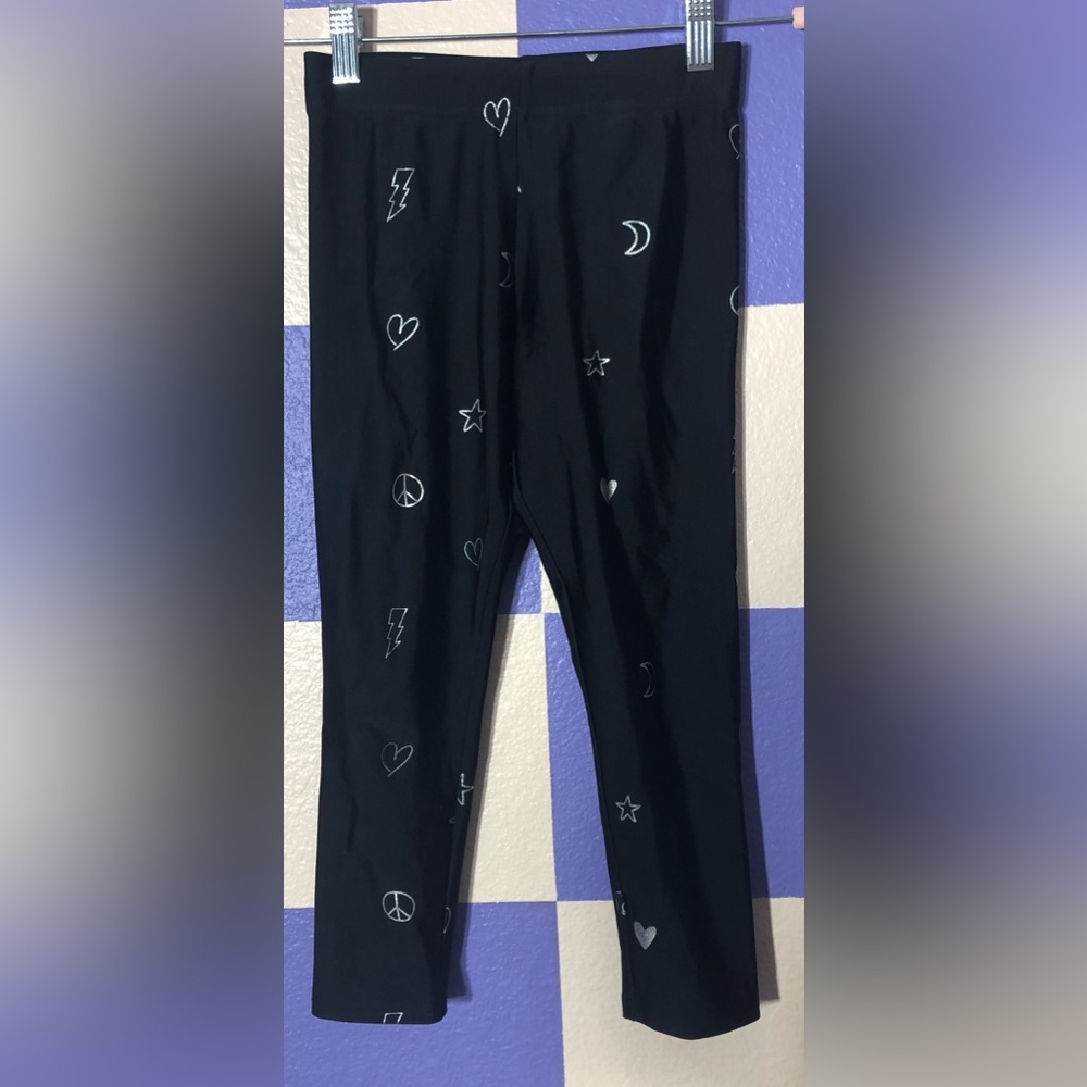 NWT Terez Black Leggings with Silver Hearts and Drawings - Size L / 14-16